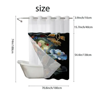 Detailed size chart for bathroom shower curtain with floral print and hooks dimensions