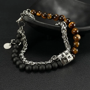 Men's double-layer bracelet with silver Cuban chain, brown tiger eye and black onyx beads