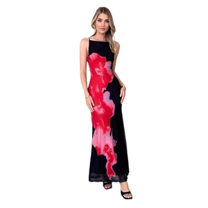 Robe longue fleurie pour femme coupe ajustée avec fines bretelles et fond noir élégant