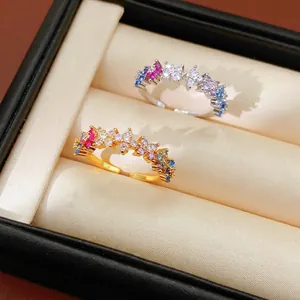 Exquisite Colorful Zircon Open Ring For Women Copper With Gold Plated Flower Cluster Adjustable Fashion Finger Jewelry