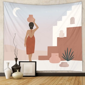 Detail of Boho abstract tapestry featuring warm earthy tones hung on a minimalist wall