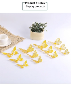 Detail view of 12 bright yellow 3D hollow butterfly wall stickers for party decor