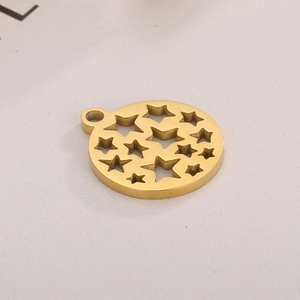 Pendentif circulaire en acier doré avec motifs d'étoiles ajourées pour collier DIY