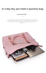 Pink quilted travel tote bag showing spacious interior with laptop and essentials