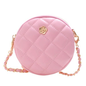Pink quilted round mini shoulder bag for kids with golden flower clasp and chain strap