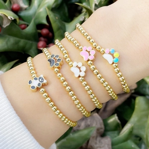 Cute Beaded Bracelet Copper Real Gold Plated Enamel Panda Paw Print Pendant Elastic Jewelry For Women Girls