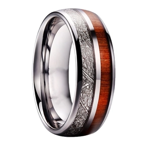 Men's 8mm silver stainless steel ring with wood inlay and meteorite texture inlay