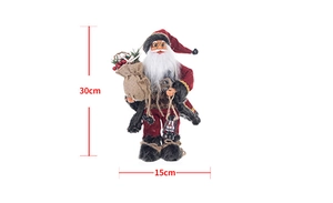 Detail showing 30cm height and 15cm width dimensions of a linen Santa Claus doll ornament