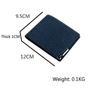 Slim men's short bifold wallet in dark blue fabric texture with dimensions 12x9.5x1cm