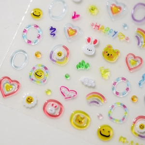 3D Embossed Nail Art Stickers Colorful Cartoon Smile Rabbit Heart Rainbow Self Adhesive PET Manicure Decoration Cute