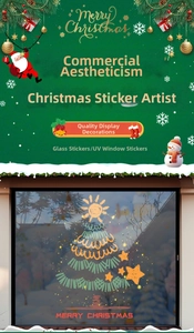 Détail de stickers de Noël imprimés UV pour vitres avec texte Merry Christmas sur verre