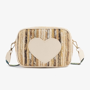 Beige and brown woven heart-shaped crossbody camera bag with geometric wide strap