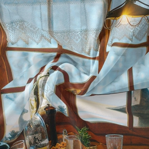 Detailed close-up showing soft folds and vintage window print on high-quality fabric tapestry