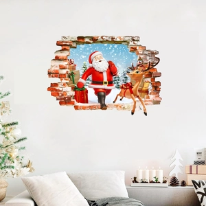 3D Broken Wall Christmas Sticker Santa Claus Reindeer PVC Holiday Home Decoration Wall Decal Mural