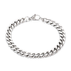 Bracelet gourmette en acier inoxydable argenté poli avec fermoir mousqueton solide