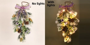 Dual view of a snow-tipped PE Christmas teardrop wreath shown with and without LED lights