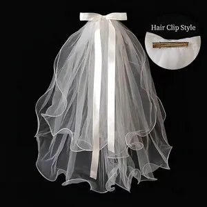 Short double-layer white wedding veil with silk bow and hair clip for brides