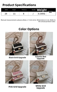 Size chart showing tweed chain bag dimensions 20x11x8cm with pearl trim detail