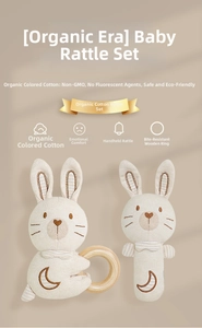 Organic cotton baby rattle set with wooden teething ring and soft rabbit toys for infants