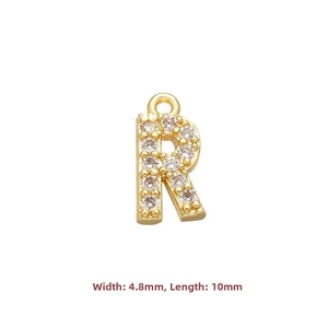Detailed view of pavé zircon letter R pendant with width 4.8mm and length 10mm dimensions