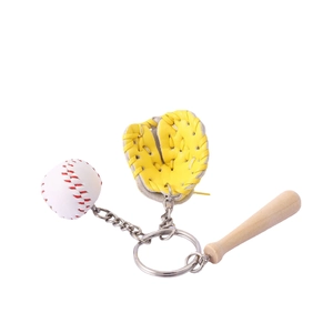 Three-piece baseball keychain set with leather balls, wooden bat and glove pendant