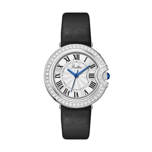 Elegant silver women watch with black leather strap and diamond bezel on white background