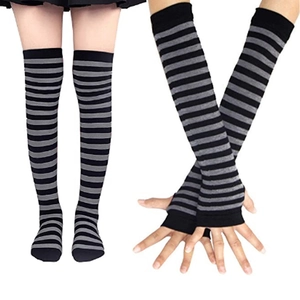 Detail view of black and grey striped over-knee high socks and fingerless arm sleeves set