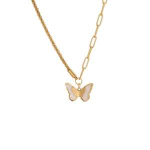 Golden butterfly pendant necklace with asymmetric chain and white inlay on white background