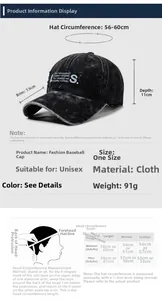 Size chart for washed gray baseball cap showing measurements and head size guide