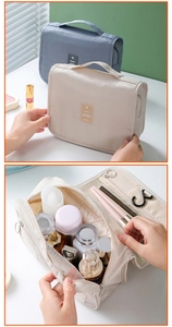 Macro view of beige and blue hanging toiletry bags with interior organizer compartments