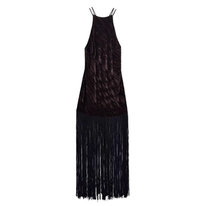 Halter Neck Maxi Dress Velvet Tassel Long Fringe Backless Cross Straps Elegant Sexy For Women