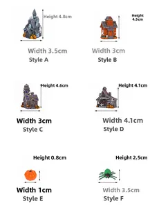 Miniature Halloween resin figurines set including haunted houses, pumpkin, and green spider