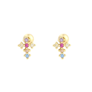 Boucles d'oreilles croix dorées avec cristaux CZ colorés et fermoir à vis à bille
