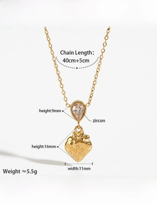 Detailed dimensions of gold strawberry pendant necklace with sparkling zircon droplet