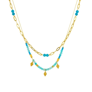 Double-layered gold stainless steel necklace with blue beads and rhombus pendants