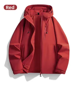 Macro shot of waterproof vermilion red hooded jacket featuring velcro cuffs and zip pockets