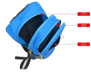 Detail view of blue outdoor backpack featuring three independent zippered compartments