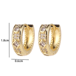 Detail showing 1.8cm height and 0.6cm width of gold plated zircon hoop earrings
