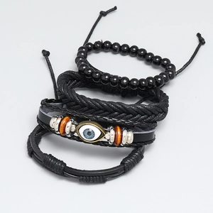 Set of 4 minimalist black leather bracelets with evil eye charm and woven beads