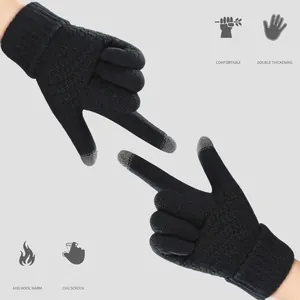 Winter thermal knit gloves with sensitive touchscreen fingertips and fleece lining in black