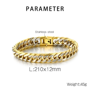 Vue détaillée du bracelet gourmette en acier inoxydable bicolore, taille 210mm x 12mm