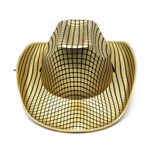 Metallic gold checkered cowboy hat with western style pattern and shiny brim edge