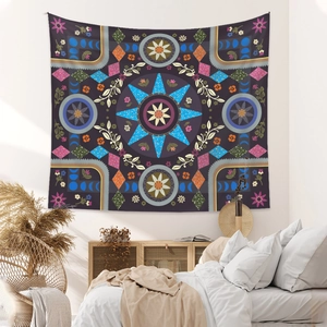 Detail of bohemian mandala tapestry featuring purple celestial patterns in a bedroom setting