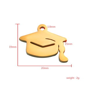 Golden stainless steel graduation cap pendant with detailed size measurements of 20mm by 19mm