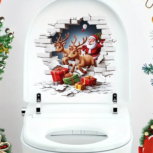 3D Christmas toilet lid sticker featuring Santa Claus, reindeer and gift boxes on PVC decal