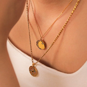 18k gold plated stainless steel 12 zodiac pendant necklace with zircon on Figaro chain
