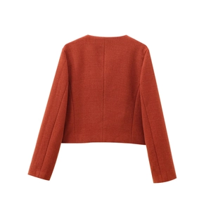 Detailed back view of a reddish-brown cropped blazer with textured tweed fabric