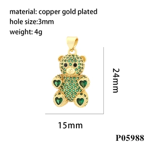 Detailed specs of a 24mm gold-plated teddy bear pendant with green cubic zirconia