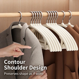 Non-slip beige flocked clothes hangers with ergonomic design for shoulder protection