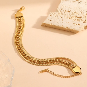 Triple-layered 18K gold plated stainless steel snake and curb chain bracelet for women